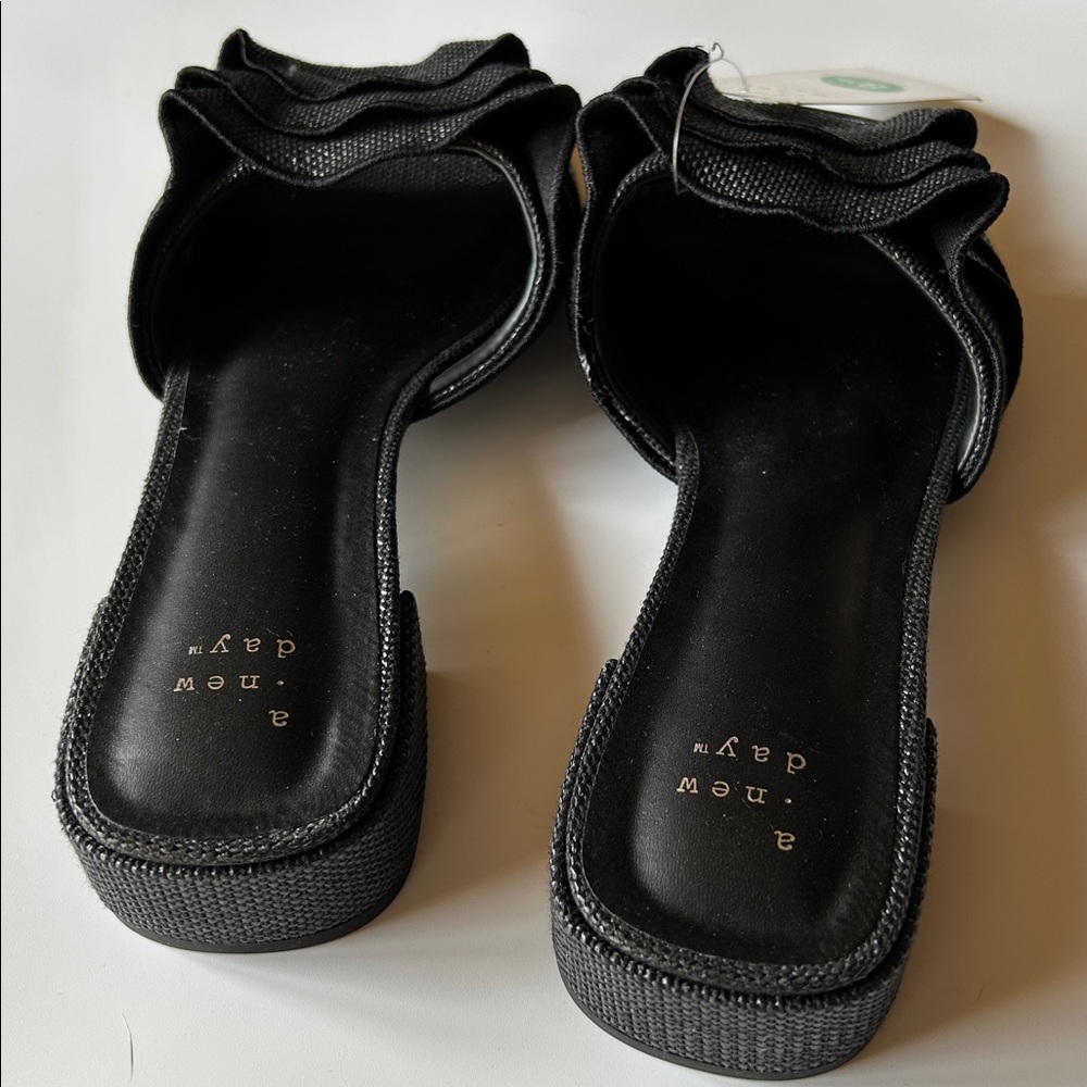 A New Day Lyta Raffia Ruffle Slide Sandals Memory Foam Insole Black - Picture 8 of 11